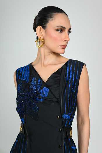 Buy_The Dramebaaz CO_Blue Silk V-, Asymmetric Helix Belted Dress 