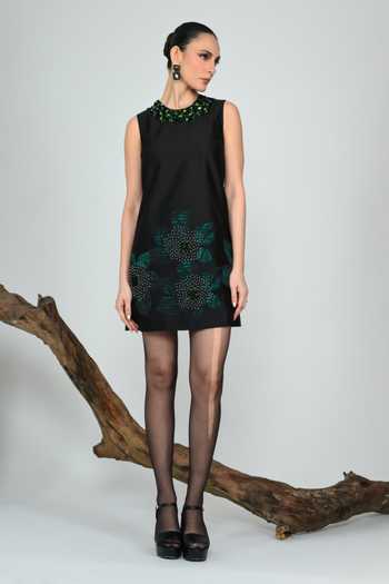 The Dramebaaz CO_Green Silk Round Neck Moonflower Mini Dress _Online_at_Aza_Fashions