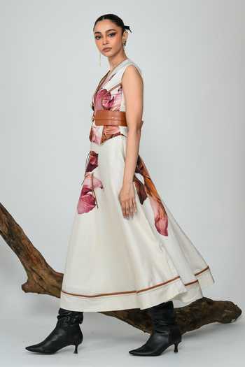 The Dramebaaz CO_Blush Silk V-neck Petals After Time Skirt Set _Online_at_Aza_Fashions