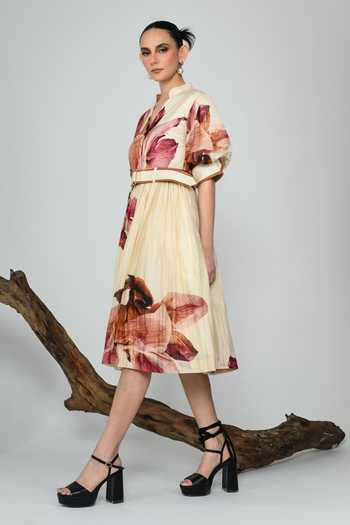The Dramebaaz CO_Ivory Silk Mandarin Collar Mauve Poetry Gathered Dress _Online_at_Aza_Fashions