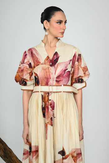 Buy_The Dramebaaz CO_Ivory Silk Mandarin Collar Mauve Poetry Gathered Dress _Online_at_Aza_Fashions
