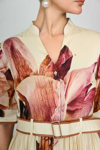 Shop_The Dramebaaz CO_Ivory Silk Mandarin Collar Mauve Poetry Gathered Dress _Online_at_Aza_Fashions