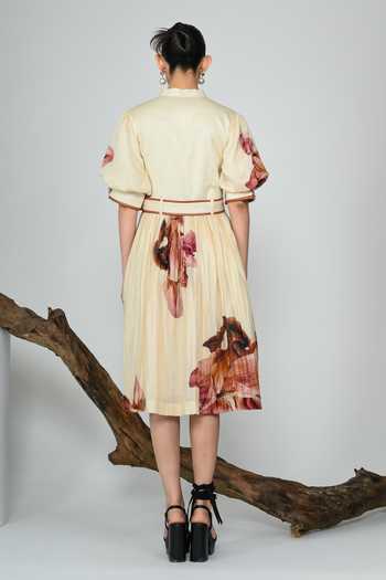 Shop_The Dramebaaz CO_Ivory Silk Mandarin Collar Mauve Poetry Gathered Dress _at_Aza_Fashions