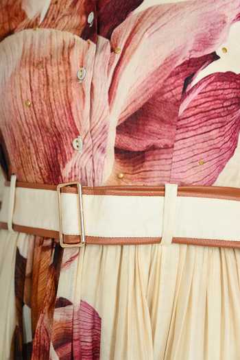 The Dramebaaz CO_Ivory Silk Mandarin Collar Mauve Poetry Gathered Dress _at_Aza_Fashions