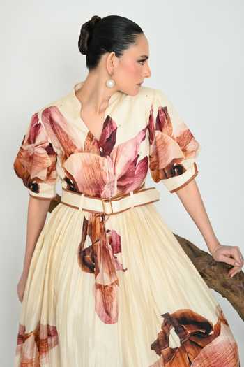 Buy_The Dramebaaz CO_Ivory Silk Mandarin Collar Mauve Poetry Gathered Dress 