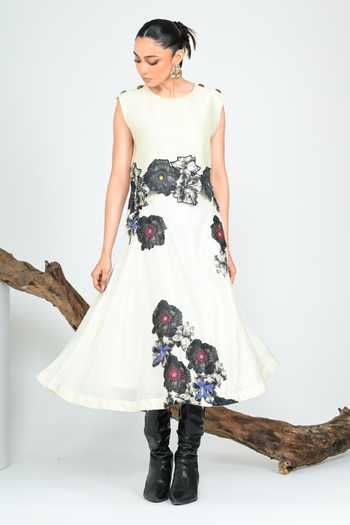 The Dramebaaz CO_Off White Silk Round Neck Anthracite Blossom Skirt Set _Online_at_Aza_Fashions