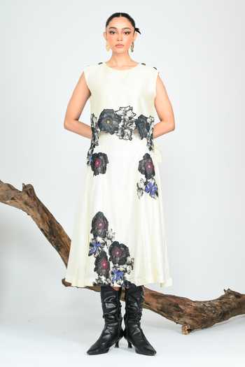 Shop_The Dramebaaz CO_Off White Silk Round Neck Anthracite Blossom Skirt Set _at_Aza_Fashions
