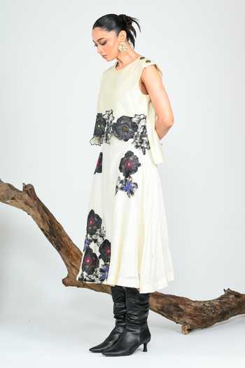 Buy_The Dramebaaz CO_Off White Silk Round Neck Anthracite Blossom Skirt Set _Online_at_Aza_Fashions