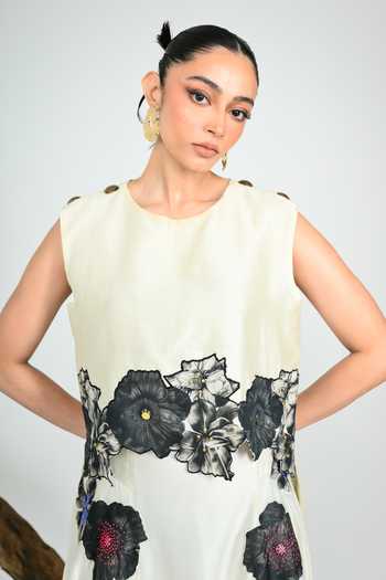 The Dramebaaz CO_Off White Silk Round Neck Anthracite Blossom Skirt Set _at_Aza_Fashions