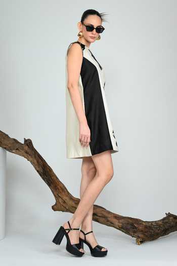 Shop_The Dramebaaz CO_Off White Silk Round Neck Shadowflora Column Dress _Online_at_Aza_Fashions