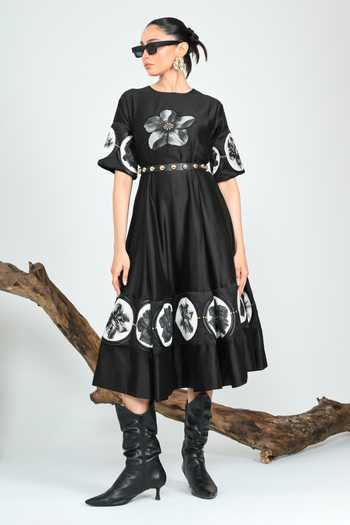 Buy_The Dramebaaz CO_Black Silk Round Neck Swan Midi Dress _at_Aza_Fashions