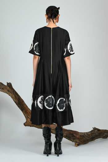 Shop_The Dramebaaz CO_Black Silk Round Neck Swan Midi Dress _at_Aza_Fashions