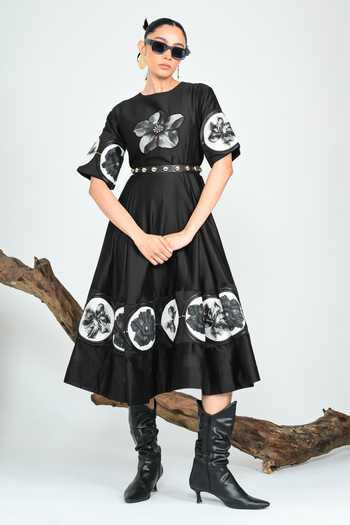 The Dramebaaz CO_Black Silk Round Neck Swan Midi Dress _Online_at_Aza_Fashions