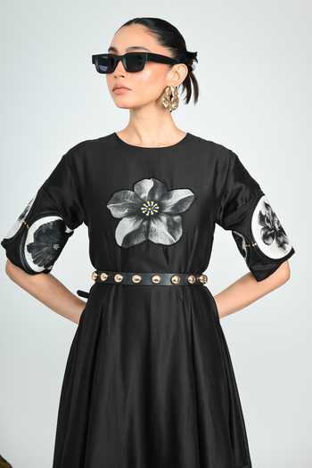 Buy_The Dramebaaz CO_Black Silk Round Neck Swan Midi Dress _Online_at_Aza_Fashions