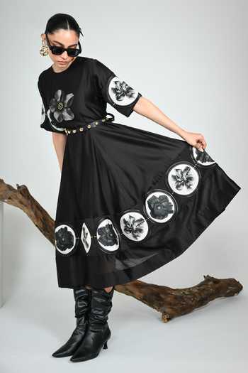 Shop_The Dramebaaz CO_Black Silk Round Neck Swan Midi Dress _Online_at_Aza_Fashions