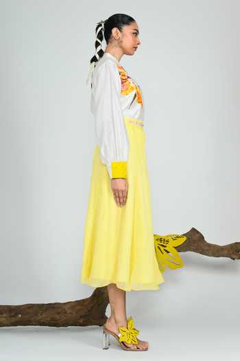 The Dramebaaz CO_Yellow Silk Mandarin Collar Dandelion Shirt _Online_at_Aza_Fashions