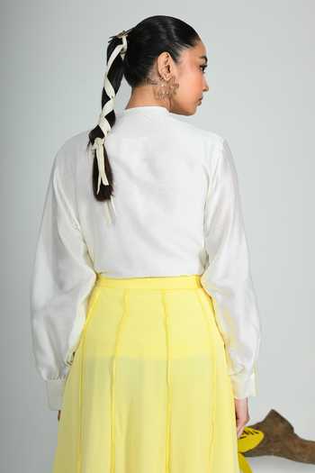 Shop_The Dramebaaz CO_Yellow Silk Mandarin Collar Dandelion Shirt _at_Aza_Fashions