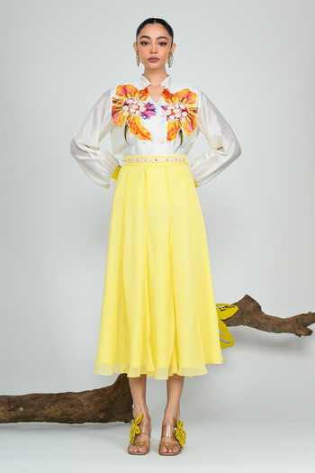 Buy_The Dramebaaz CO_Yellow Silk Mandarin Collar Dandelion Shirt _Online_at_Aza_Fashions