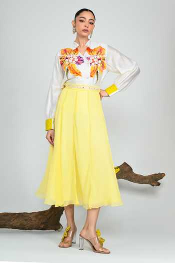 Shop_The Dramebaaz CO_Yellow Silk Mandarin Collar Dandelion Shirt _Online_at_Aza_Fashions