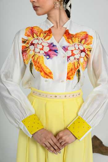 The Dramebaaz CO_Yellow Silk Mandarin Collar Dandelion Shirt _at_Aza_Fashions