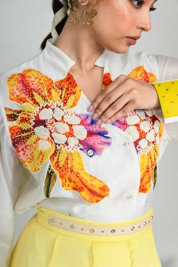 Buy_The Dramebaaz CO_Yellow Silk Mandarin Collar Dandelion Shirt 