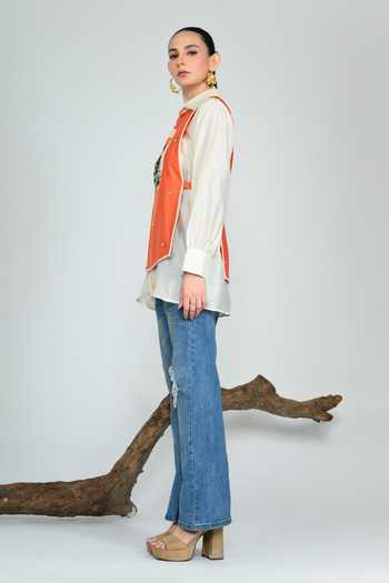 The Dramebaaz CO_Cream Silk Collared Neck Marmalade Shirt And Bib Set _Online_at_Aza_Fashions