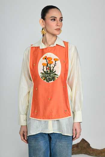 Buy_The Dramebaaz CO_Cream Silk Collared Neck Marmalade Shirt And Bib Set _at_Aza_Fashions