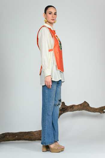 Buy_The Dramebaaz CO_Cream Silk Collared Neck Marmalade Shirt And Bib Set _Online_at_Aza_Fashions