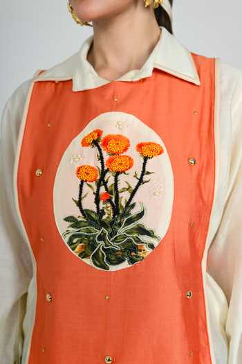 Shop_The Dramebaaz CO_Cream Silk Collared Neck Marmalade Shirt And Bib Set _Online_at_Aza_Fashions