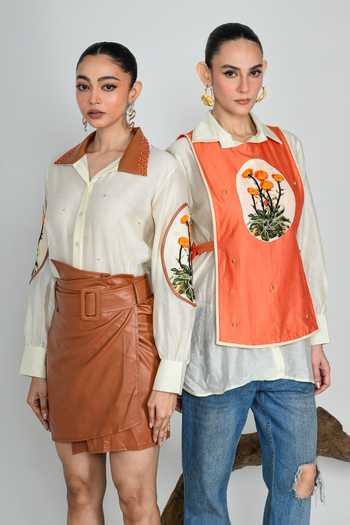 The Dramebaaz CO_Cream Silk Collared Neck Marmalade Shirt And Bib Set _at_Aza_Fashions