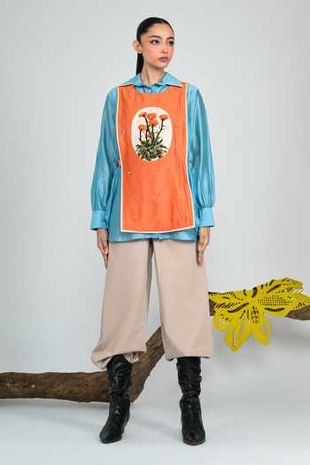 The Dramebaaz CO_Orange Silk Collared Neck Blue Orbit Shirt And Bib Set _Online_at_Aza_Fashions
