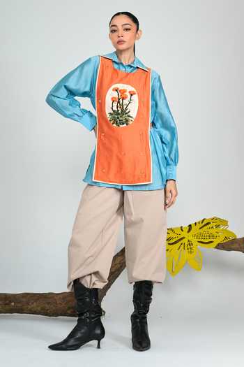 Buy_The Dramebaaz CO_Orange Silk Collared Neck Blue Orbit Shirt And Bib Set _Online_at_Aza_Fashions