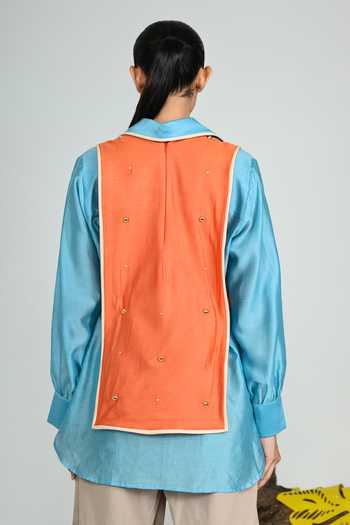 Shop_The Dramebaaz CO_Orange Silk Collared Neck Blue Orbit Shirt And Bib Set _at_Aza_Fashions