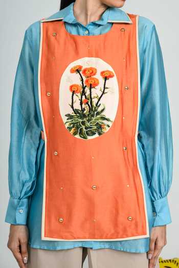 Shop_The Dramebaaz CO_Orange Silk Collared Neck Blue Orbit Shirt And Bib Set _Online_at_Aza_Fashions