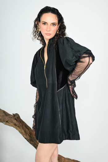 The Dramebaaz CO_Black Silk Mandarin Collar Mirage Short Dress _Online_at_Aza_Fashions