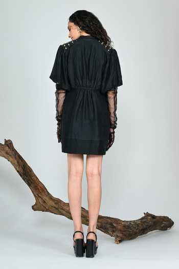 Shop_The Dramebaaz CO_Black Silk Mandarin Collar Mirage Short Dress _at_Aza_Fashions