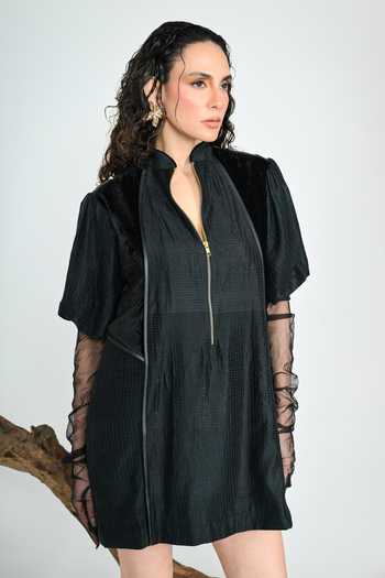 Shop_The Dramebaaz CO_Black Silk Mandarin Collar Mirage Short Dress _Online_at_Aza_Fashions
