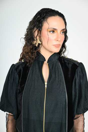 Buy_The Dramebaaz CO_Black Silk Mandarin Collar Mirage Short Dress 