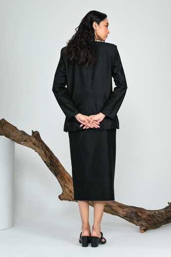 Shop_The Dramebaaz CO_Black Silk V-neck Phantom Side Slit Skirt Set _at_Aza_Fashions