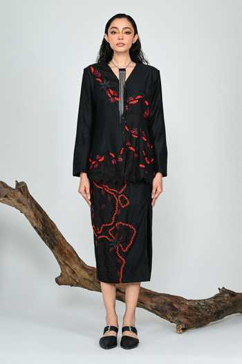 The Dramebaaz CO_Black Silk V-neck Phantom Side Slit Skirt Set _Online_at_Aza_Fashions