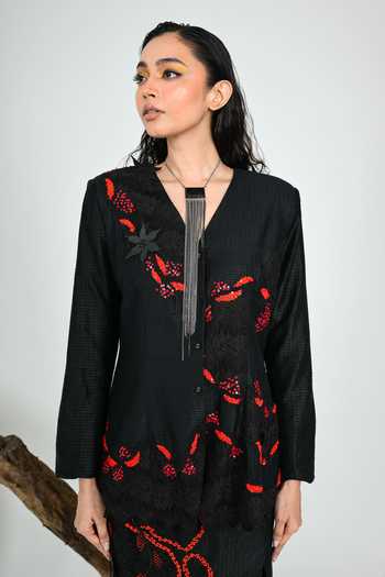 Shop_The Dramebaaz CO_Black Silk V-neck Phantom Side Slit Skirt Set _Online_at_Aza_Fashions