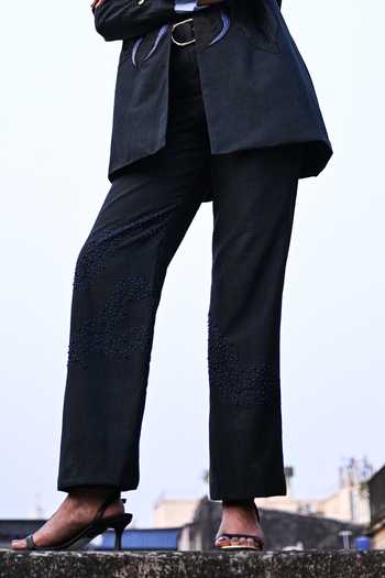 Shop_The Dramebaaz CO_Black Silk Collared Neck Modern Muse Blazer Set _Online_at_Aza_Fashions
