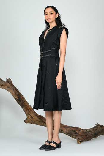 Shop_The Dramebaaz CO_Black Silk V-neck Midnight Utility Dress _Online_at_Aza_Fashions
