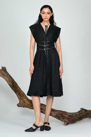 Buy_The Dramebaaz CO_Black Silk V-neck Midnight Utility Dress _at_Aza_Fashions