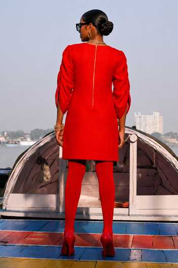 Shop_The Dramebaaz CO_Red Silk Round Neck Crimson Current Short Dress _at_Aza_Fashions