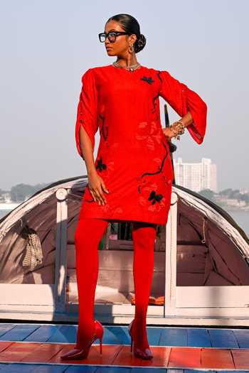 The Dramebaaz CO_Red Silk Round Neck Crimson Current Short Dress _Online_at_Aza_Fashions