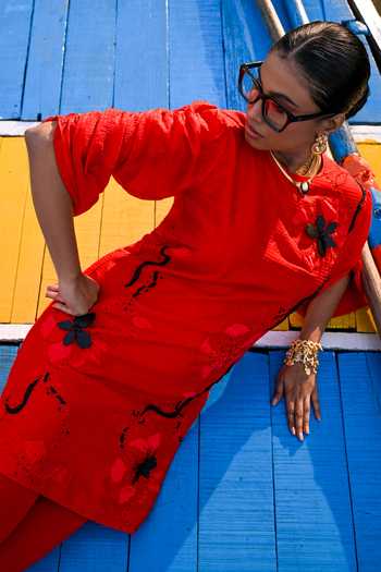 Buy_The Dramebaaz CO_Red Silk Round Neck Crimson Current Short Dress _Online_at_Aza_Fashions