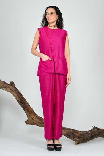 The Dramebaaz CO_Pink Silk Round Neck Empire Pant Set _Online_at_Aza_Fashions