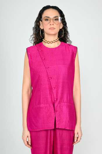 Buy_The Dramebaaz CO_Pink Silk Round Neck Empire Pant Set _Online_at_Aza_Fashions