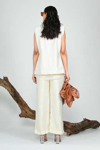 Shop_The Dramebaaz CO_Ivory Silk Collared Neck Terracotta Sleeveless Blazer _at_Aza_Fashions